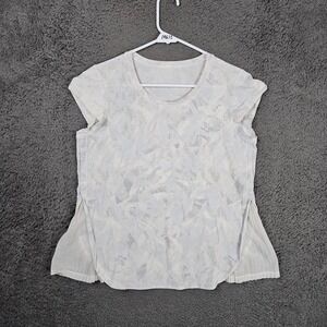 Lululemon Women White Gray Abstract Print Cap Sleeve Pleated Activewear Top